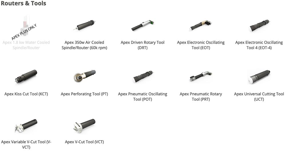 apex cutter router routers tools 2 apex cutter router options and tools including a 1.8kw water cooled router or apex 350w air cooled router with driven rotary tool oscillation tool kiss cut tool perforating tool pneumatic oscillating tool pneumatic rotary tool universal cutting tool variable v-cut tool