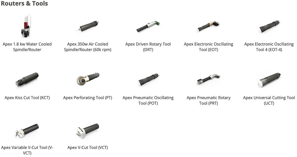 apex plus cutter router routers tools 1 apex plus cutter router options and tools including a 1.8kw water cooled router or apex 350w air cooled router with driven rotary tool oscillation tool kiss cut tool perforating tool pneumatic oscillating tool pneumatic rotary tool universal cutting tool variable v-cut tool