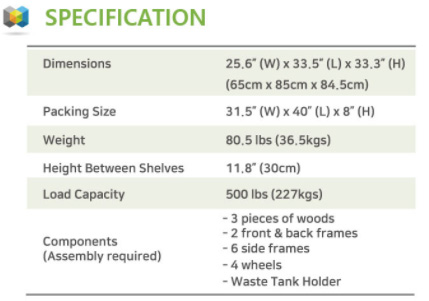ecofreen mister table spec ecofreen mister table specifications 500lbs weight capacity 26x34x33 dimensions weight 80.5lbs