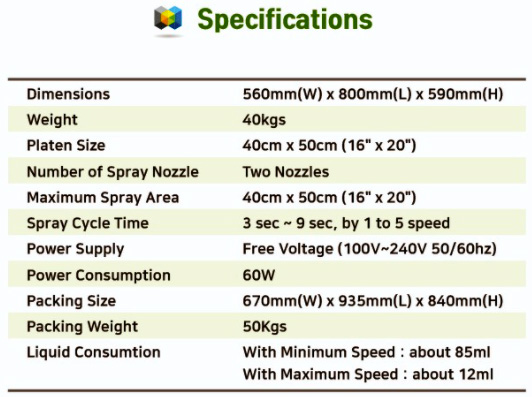 mister t-2 ecofreen pretreatment machine spec ecofreen mister t-2 pretreatment machine specifications including dimensions weight 16x20 platen size power consumption liquid consumption and more