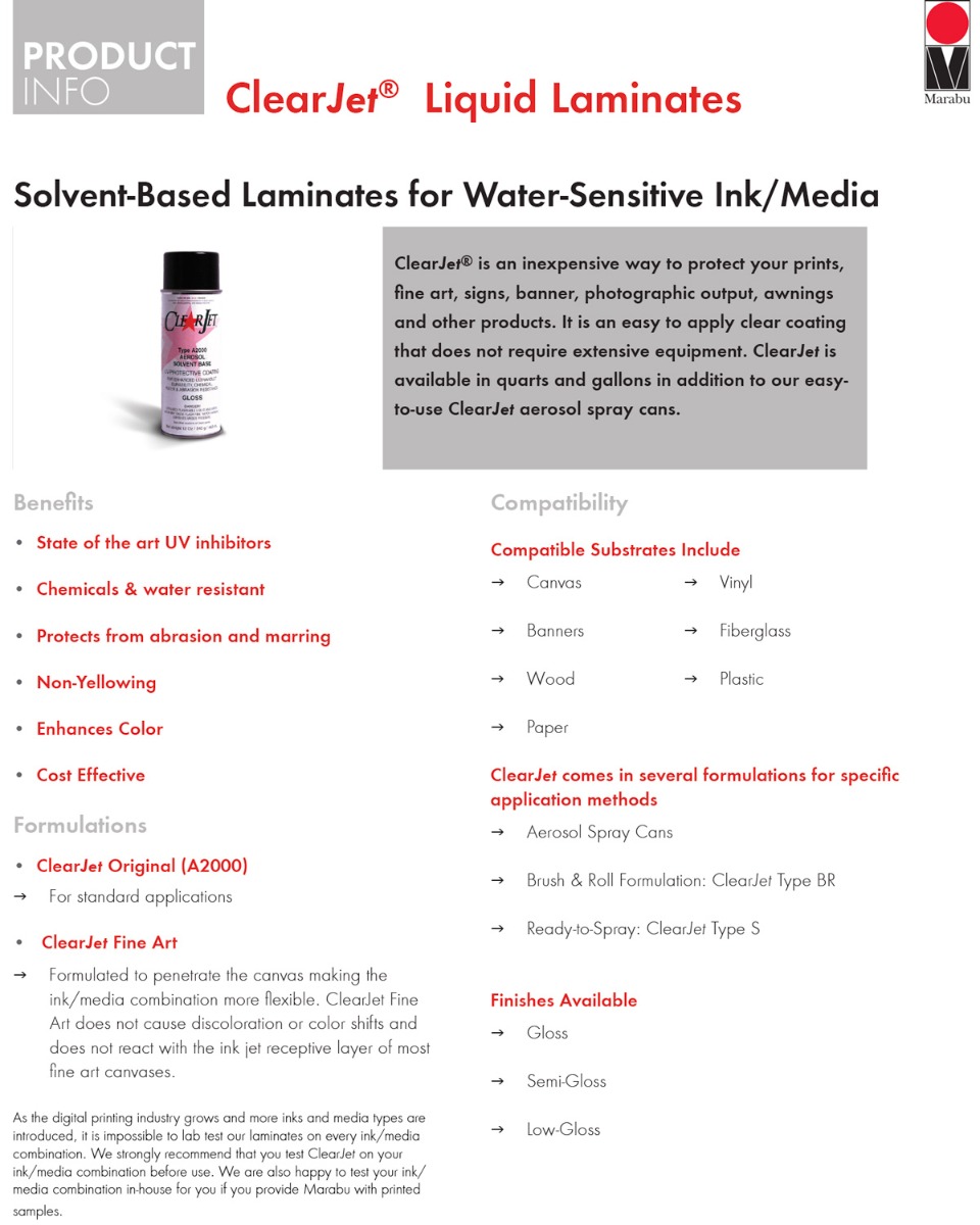 marabu clearjet detailed information specs marabu clearjet detailed information and specs including uv inhibitors chemical and water resistant non yellowing enhances color for canvas banners vinyl wood paper plastic fiberglass