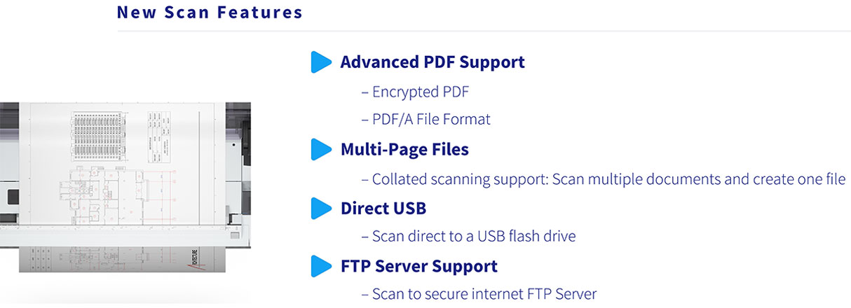 epson surecolor t5470m printer and scanner features including advanced pdf support for pdf/a file format multi-page collated scanning support direct usb scan support and scan to ftp server