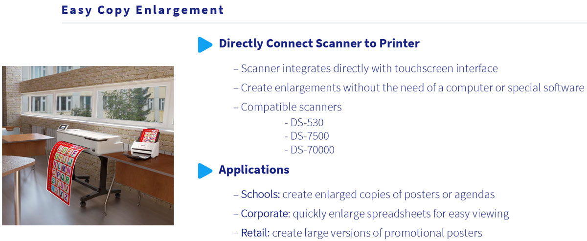 epson surecolor t3170 wireless printer showing easy copy enlargement connecting scanner directly to printer for schools retail and corporate