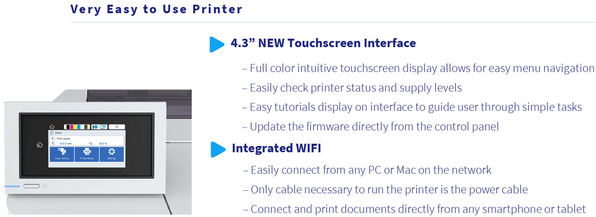 epson surecolor t3170 printer features 4.3 inch touchscreen interface for easy menu navigation printer status supply levels tutorials integrated wifi for printing wirelessly via computer or tablet or smartphone