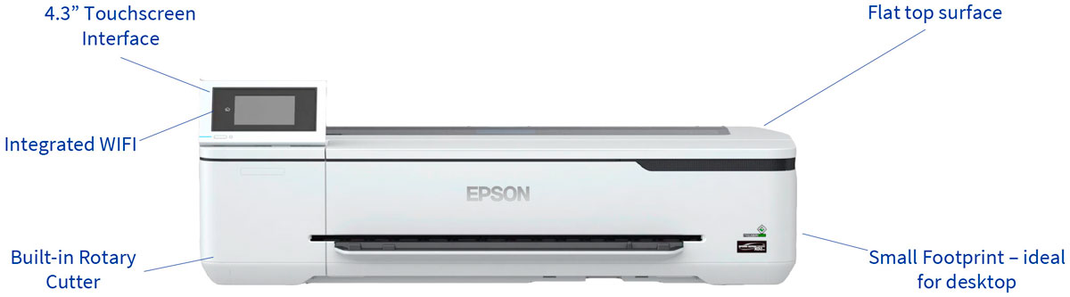 epson surecolor t3170 wireless printer close up showing features including wifi 4.3 inch touchscreen interface menu flat top surface built in rotary cutter small footprint