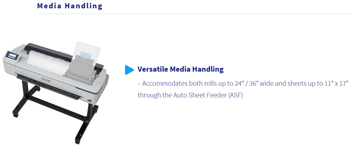 epson surecolor t3170 wireless printer has versatile media handling of rolls or sheets through auto sheet feeder or asf