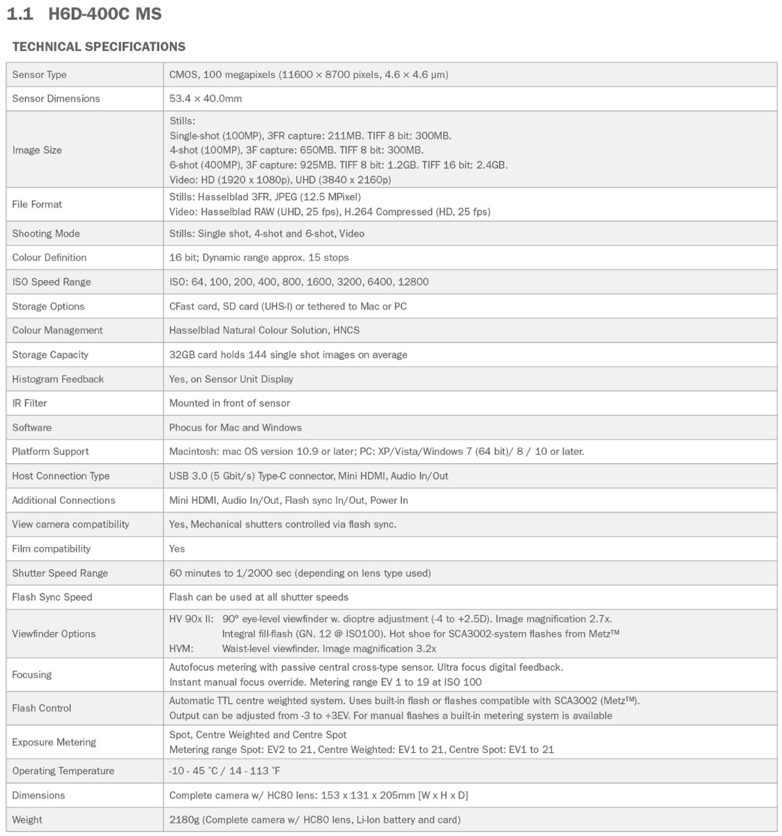 hasselblad h6d-400c ms camera specs including iso range storage capacity image size sensor dimensions focusing and more