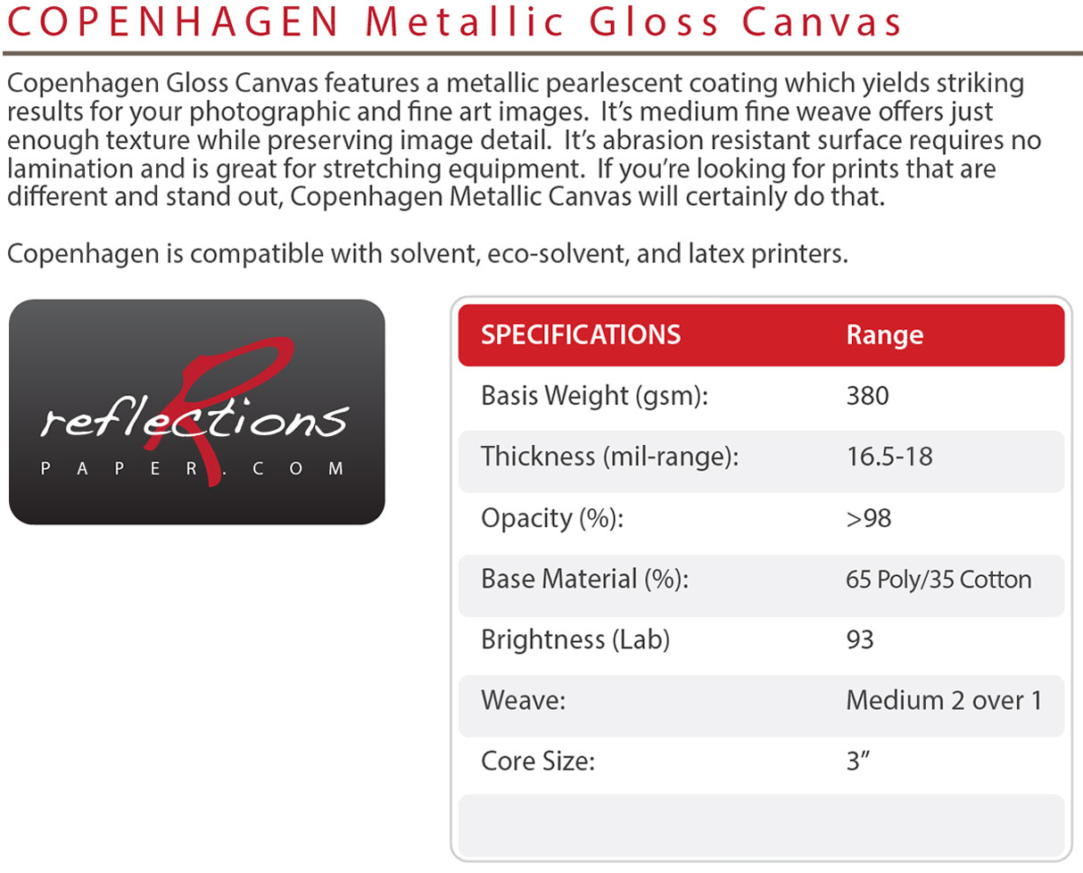 RFMC6075 reflections copenhagen metallic canvas desc 1 reflections copenhagen metallic gloss canvas description featuring pearlescent finish with 380gsm weight 17mil thickness poly cotton blend easy to stretch durable canvas