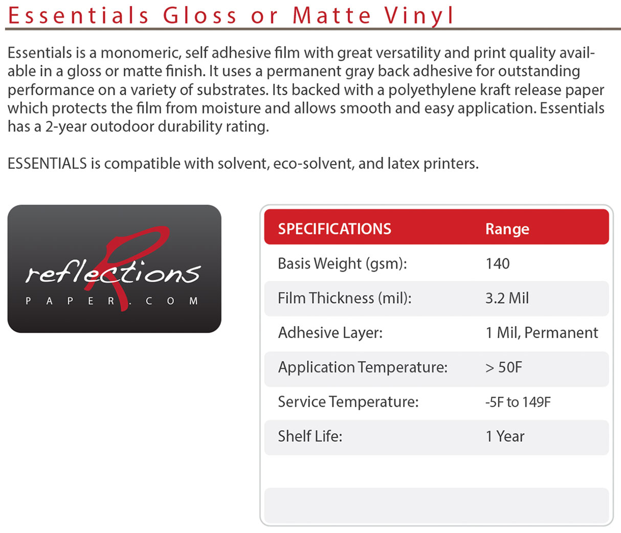 reflections essentials adhesive vinyl description 1 reflections essentials matte vinly description with permanent gray back adhesive and 2 year outdoor life